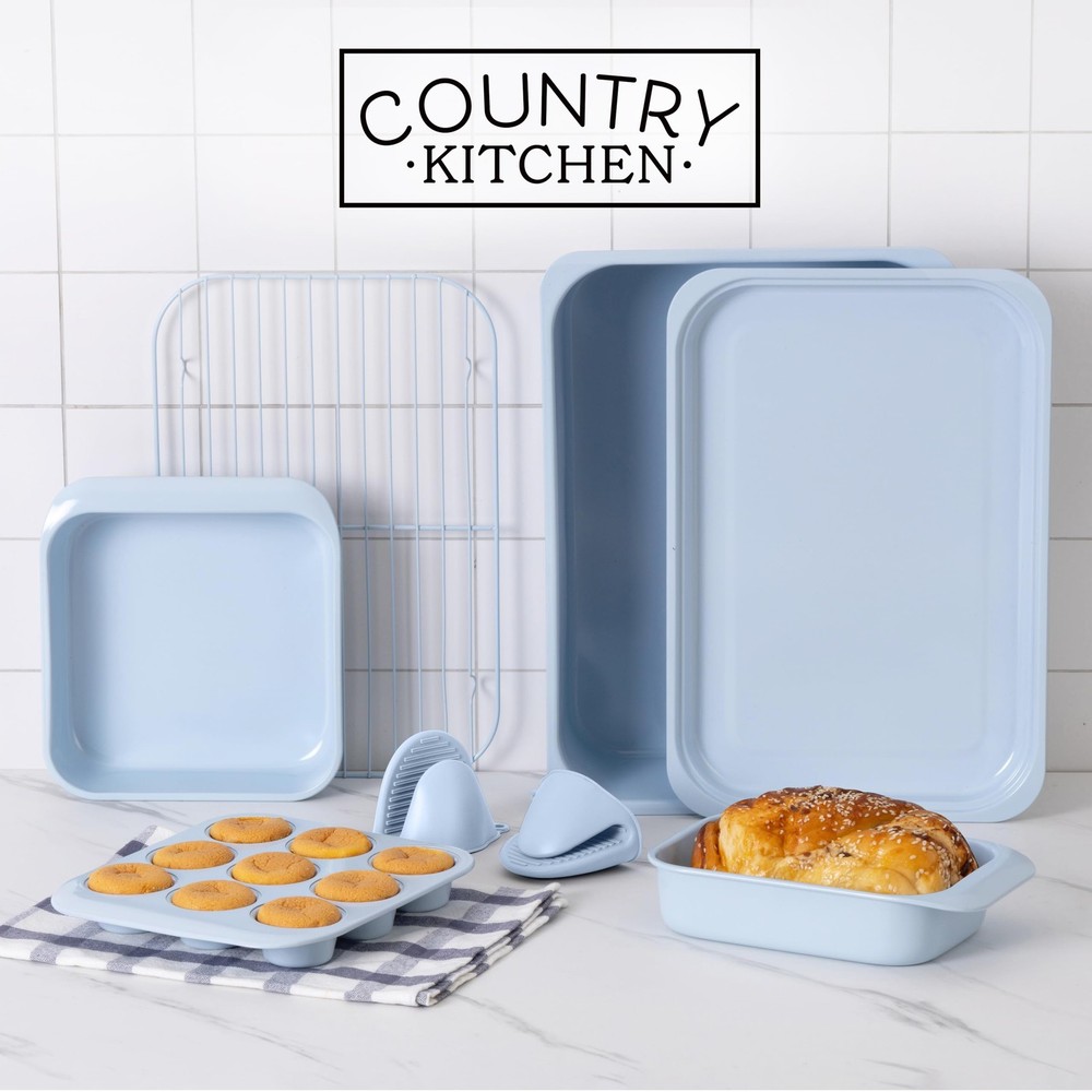 Country Kitchen Nonstick Stackable Bakeware Set - Deluxe 8 Pc, Light Blue