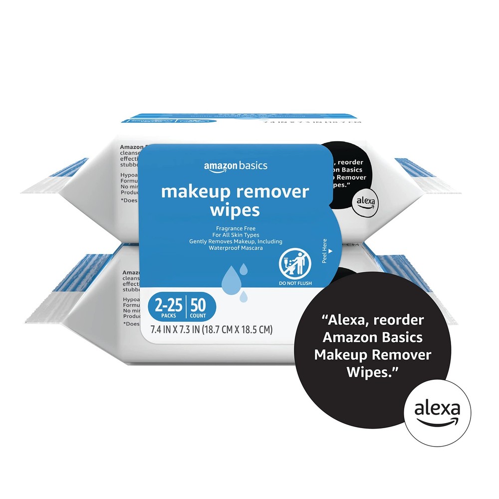 Amazon Basics Makeup Remover Wipes, 25 Count (Pack of 2), WHITE,BLUE