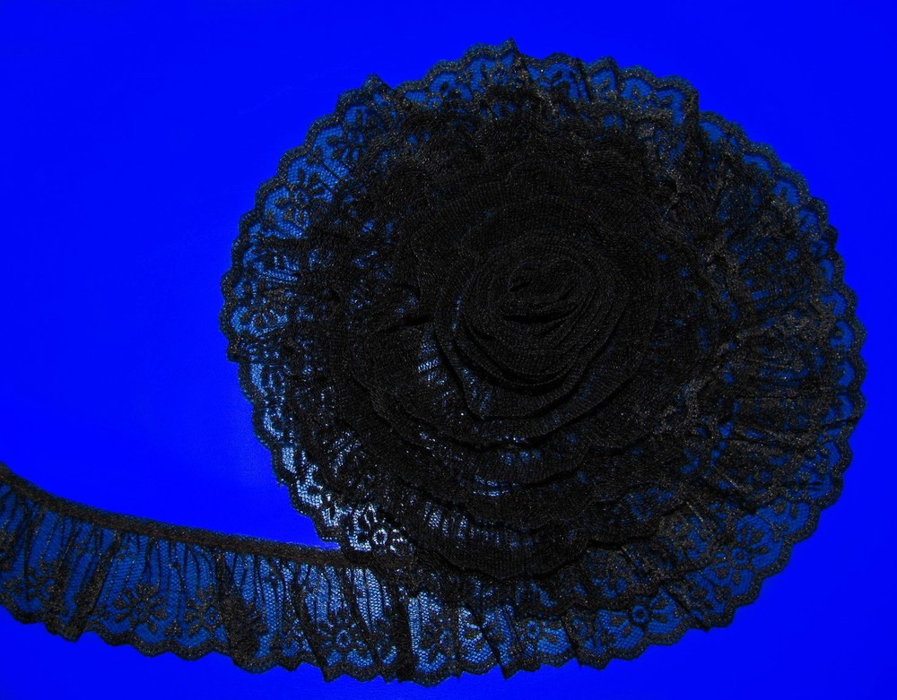 BLACK~2 Inch Wide Ruffled Candlewick Lace Trim~By 5 Yards