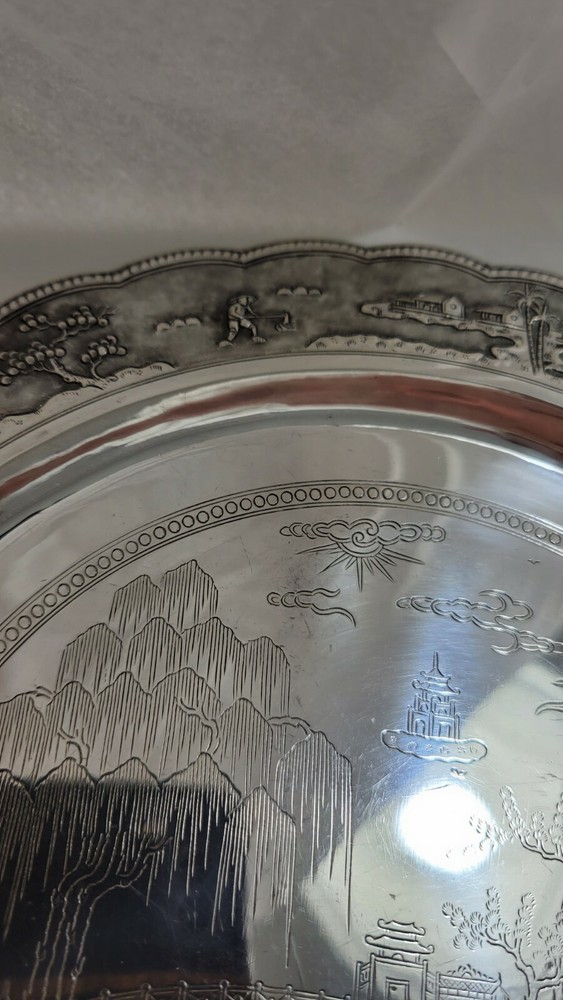 ORIENTAL STERLING SILVER ARCHITECTURAL ROUND TRAY