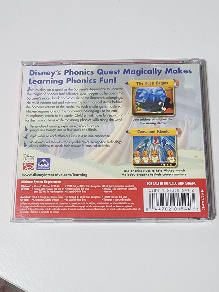 Disney Scholastic Phonics Quest Age 5-8 Windows Mac Interactive Learning CD