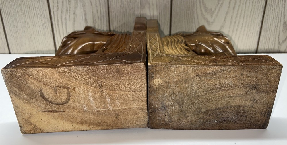Vintage Pair Monkey Pod Solid Wood Horse Bookends Rustic GUC