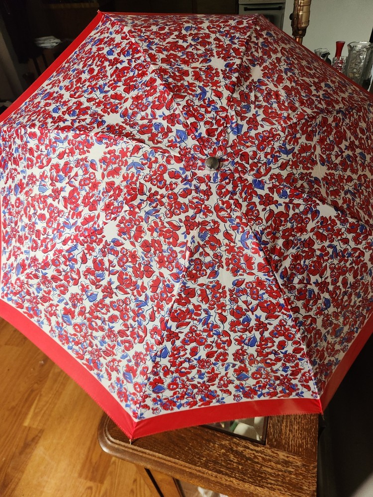 Floral Pattern Women's Folding Compact Umbrella • Blue, White, & Red Colored