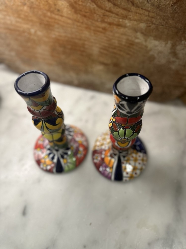 Pair of Mexican Pottery Ceramic Candlesticks