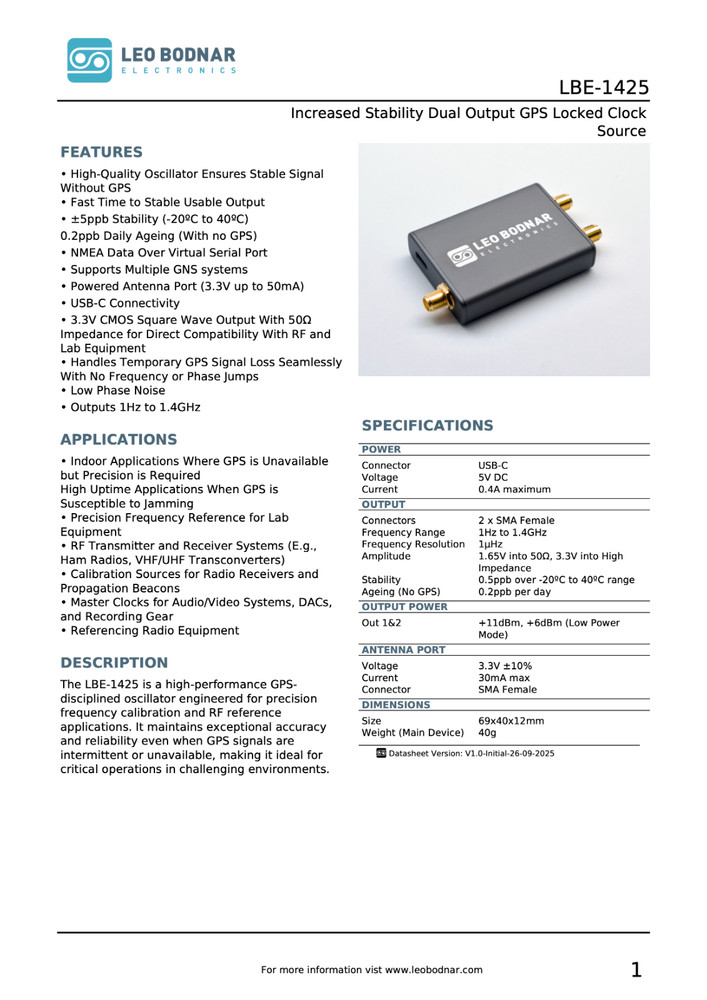 Leo Bodnar LBE-1425 Two-port Increased Stability GPSDO Locked Clock Source