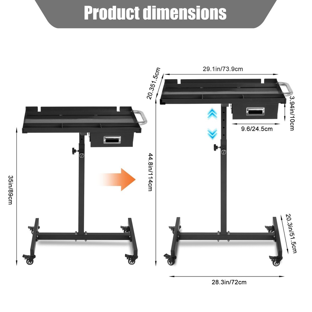 Adjustable Rolling Work Table ,Mechanics Tool Tray Cart with Wheels and Drawer