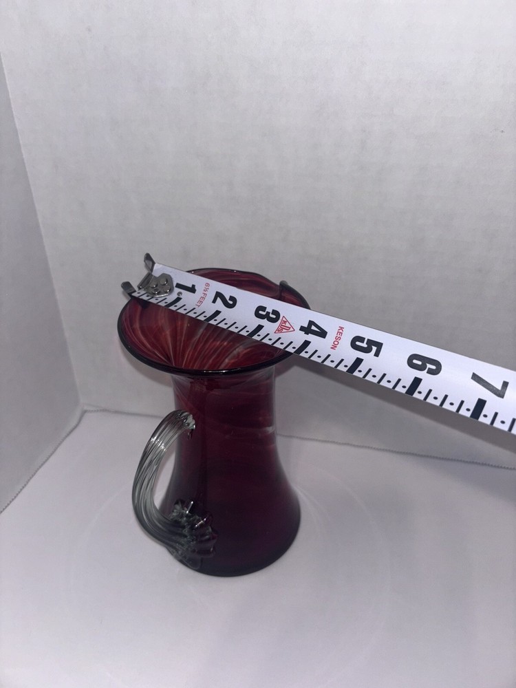 Hand blown Glass Ruby Red Pitcher Applied Ribbed Clear Glass Handle