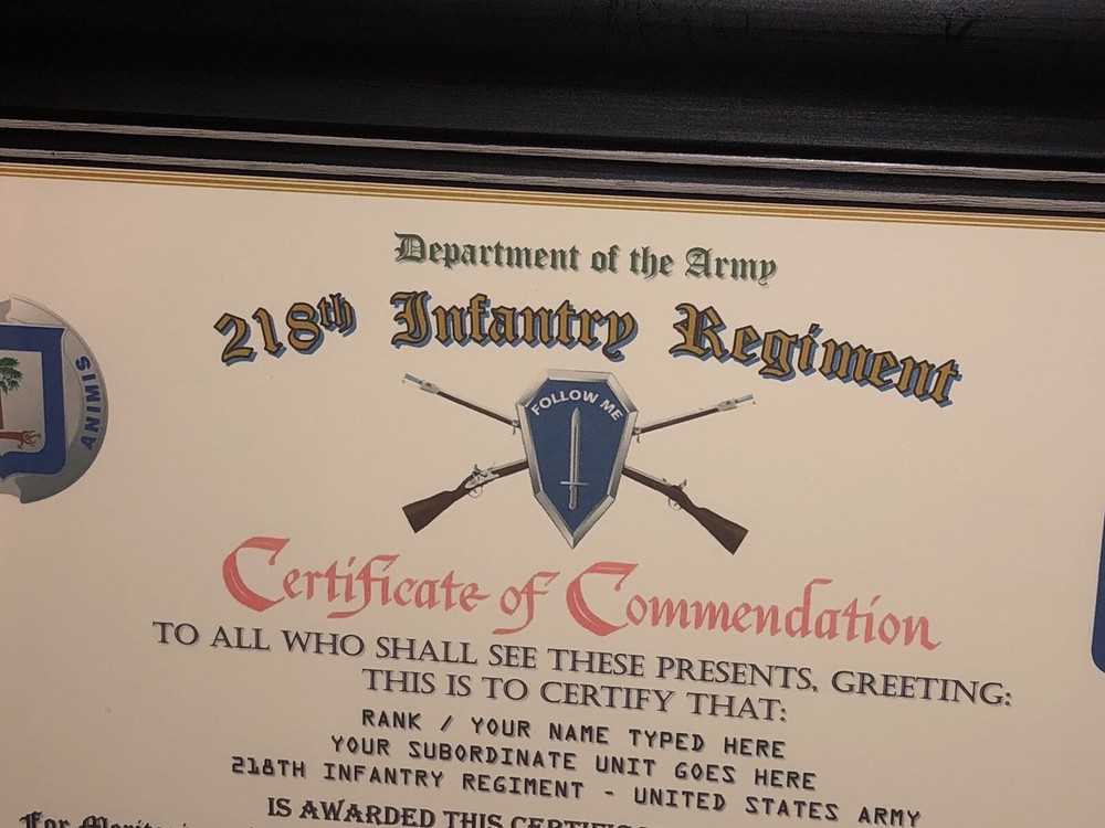 218TH INFANTRY REGIMENT / COMMEMORATIVE - CERTIFICATE OF COMMENDATION