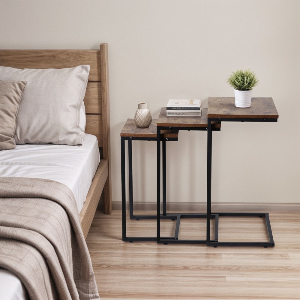 Nesting Coffee Table Set of 3 Stacking C-Shape Accent End Table with Metal Frame