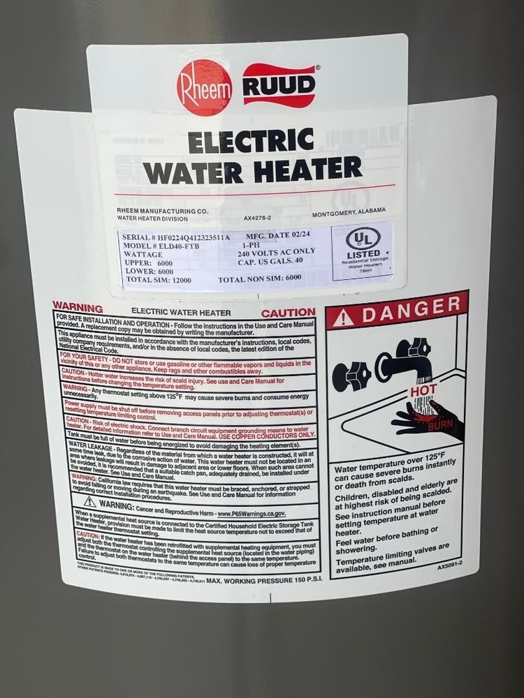 RHEEM RUUD Electric Water Heater 40 Gallons Model # ELD40-FTB 240 Volts NEW