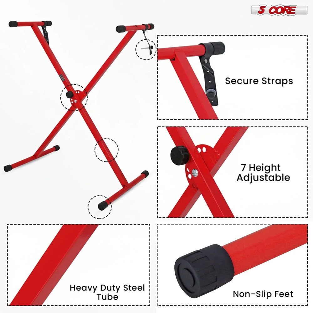 5Core Keyboard Stand X Shape Adjustable Foldable Piano Stand w Locking Strap