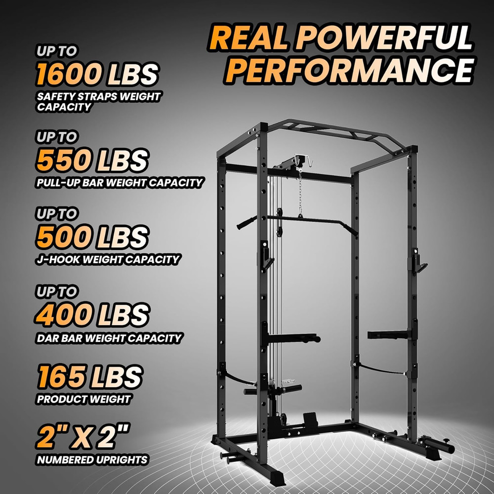 Power Cage, Multi-Function Squat Rack with LAT Pulldown, 1600 LBS Weight Capacit