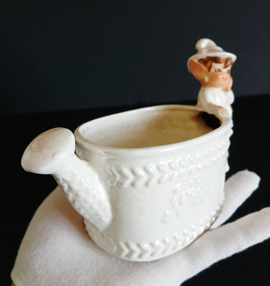 Vintage Lefton White Pearlescent Pixie Elf Watering Can Shaped Planter #1115