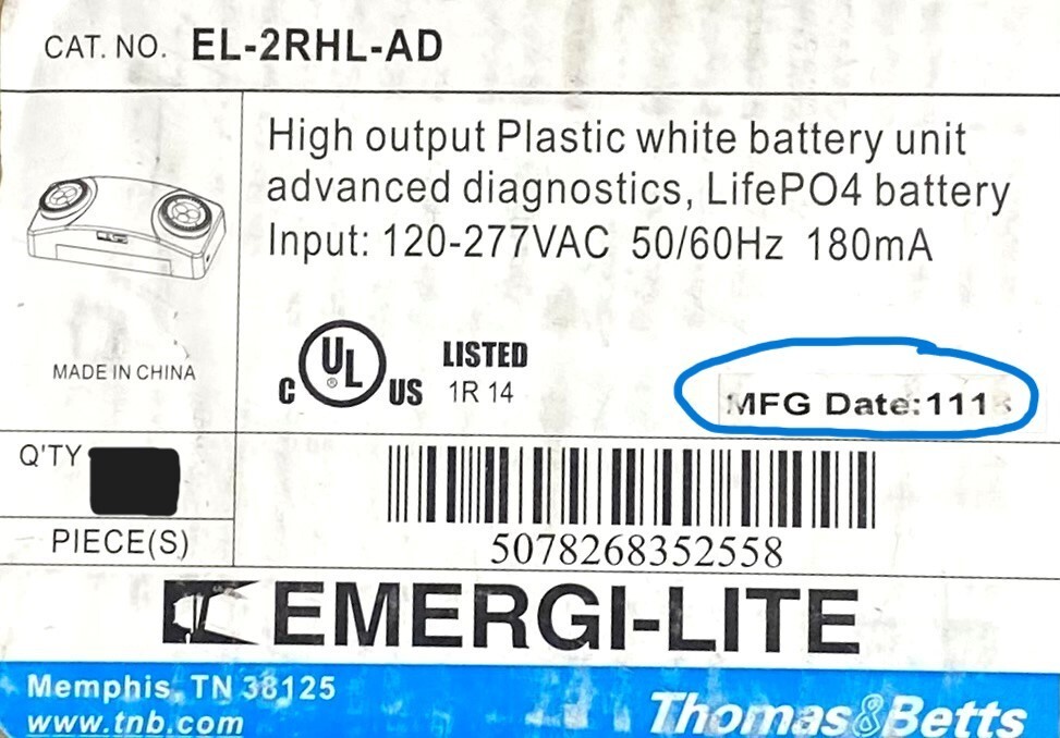 Thomas & Betts EL-2RHL-AD WHITE BATTERY EMERGENCY LIGHT