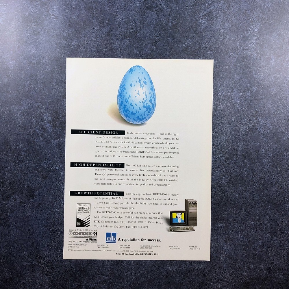 1991 DTK KEEN-3300 Computer Systems PRINT AD Retro Computers PC Blue Egg