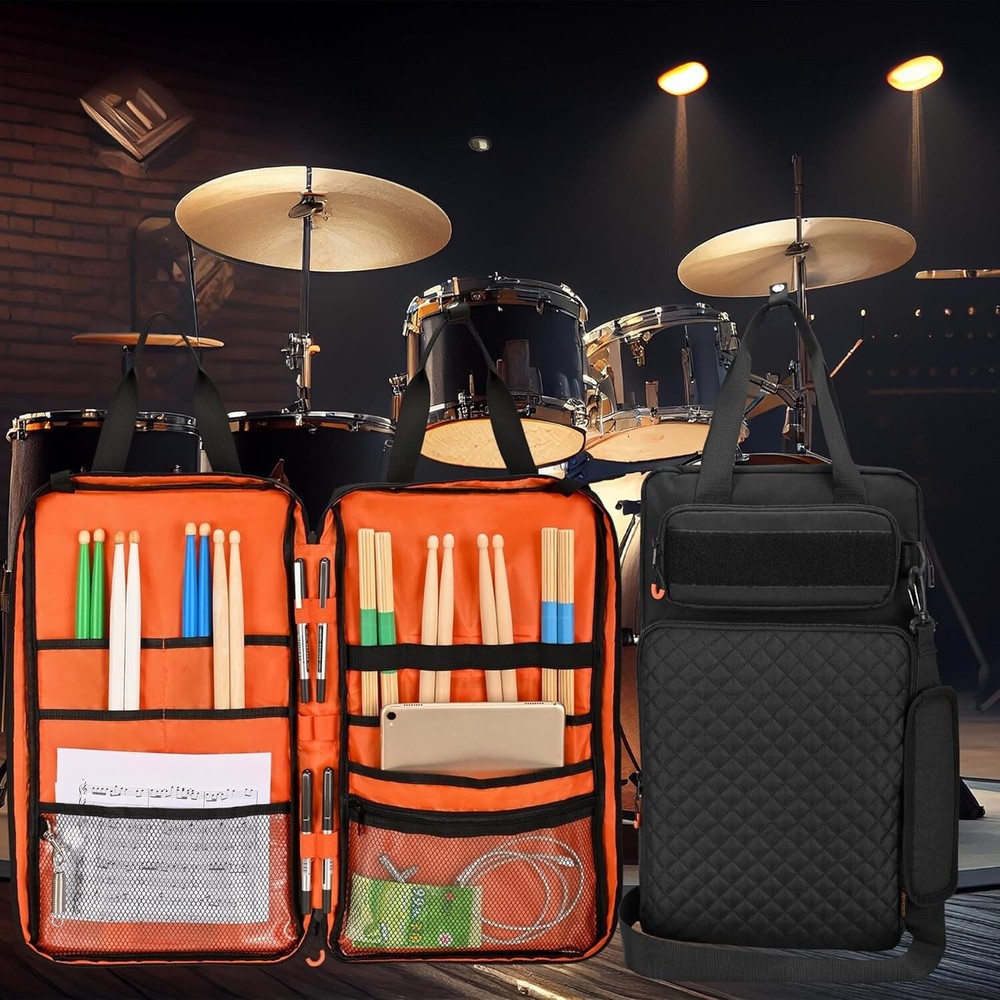 Drum Stick Bag with Hanging Hooks, Drum Mallet Storage with Adjustable Shoulder