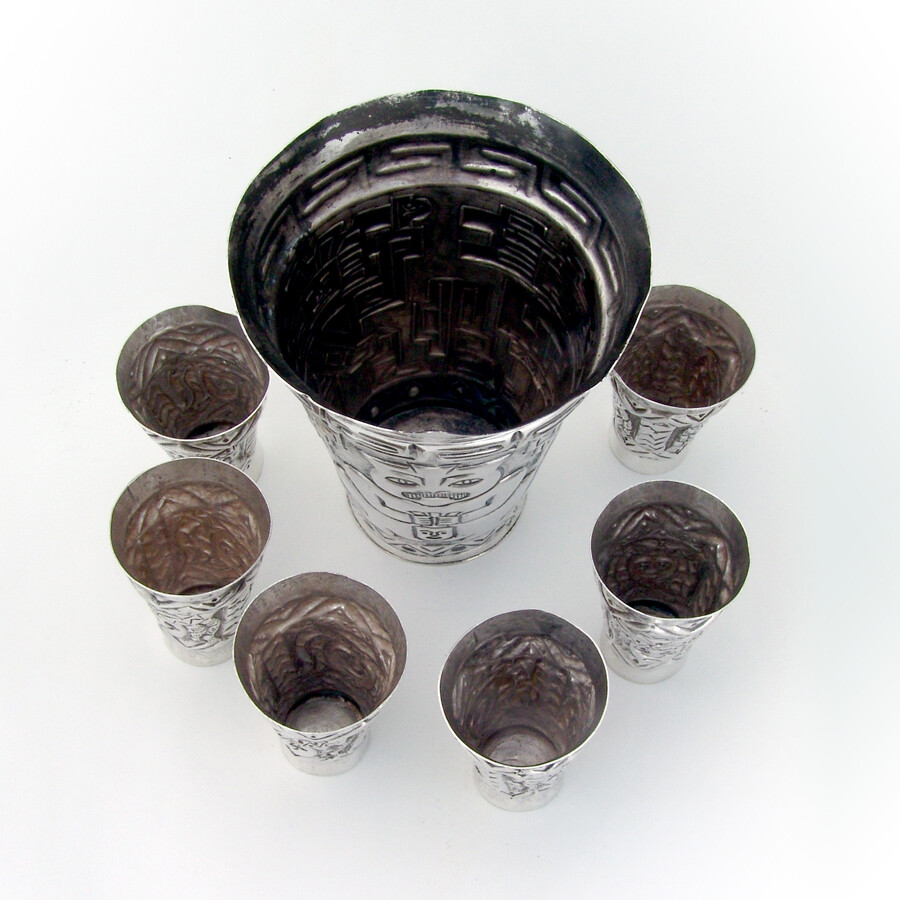 Peruvian Silver Large Beaker Shots Set Repousse Patterns 1930