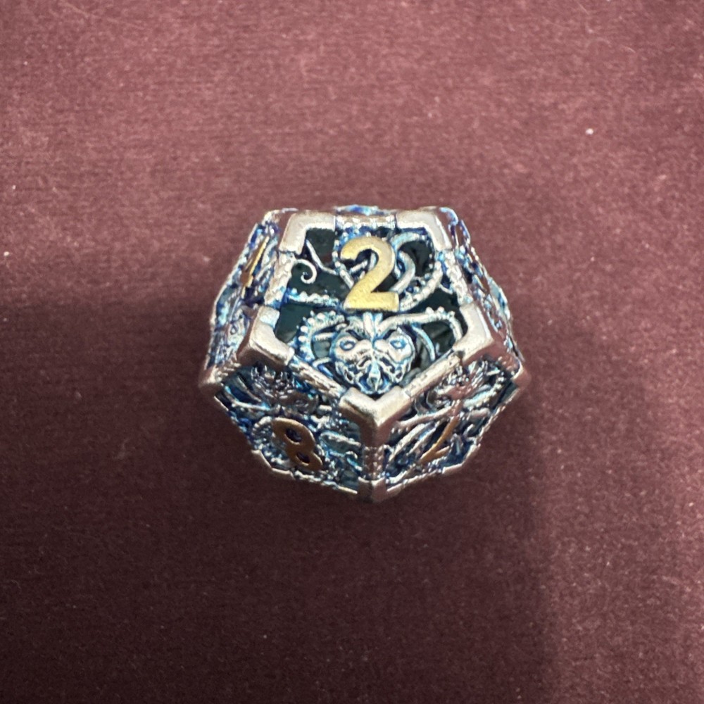 Silver & Blue Octopus Hollow Metal Polyhedral Dice Set - RPG DND E