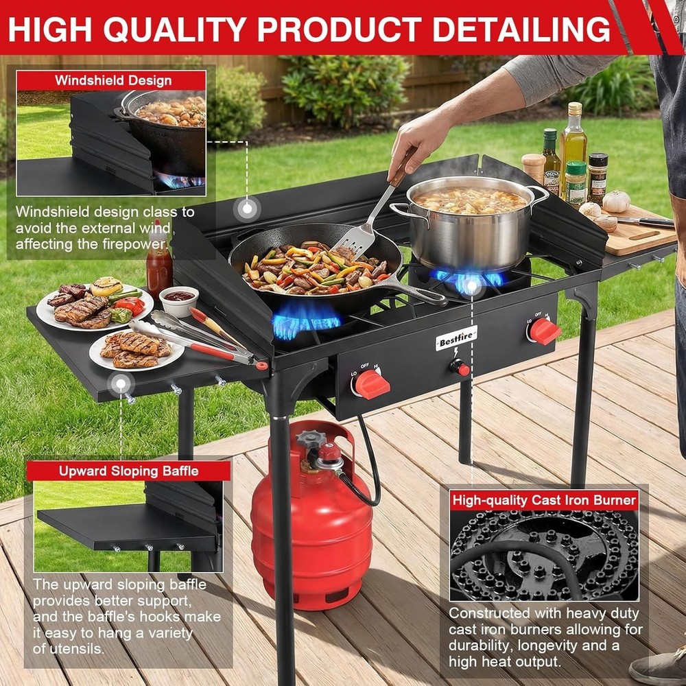 2 Burner Camping Stove with Windscreen&Side Shelves, Bag, Auto Ignition Button..