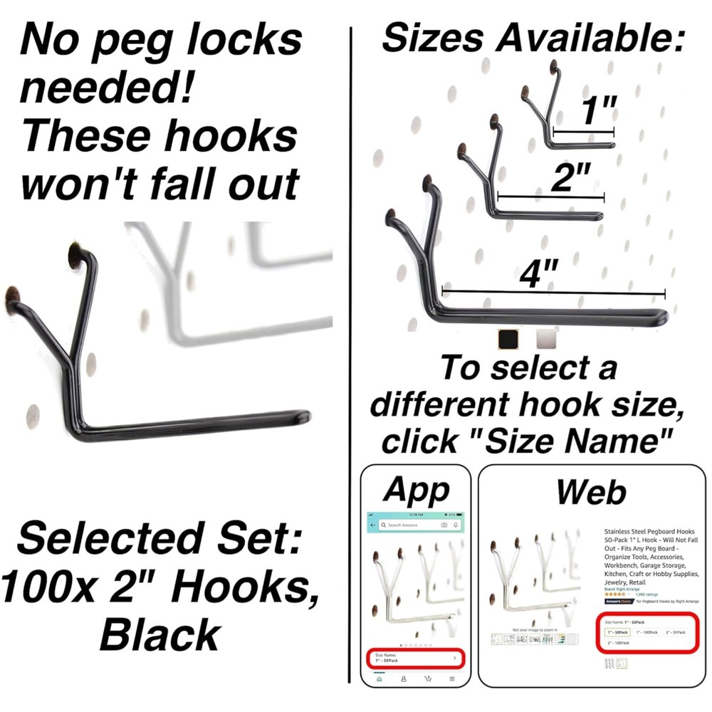 Heavy Duty Steel Pegboard Hooks 100-Pack - Black