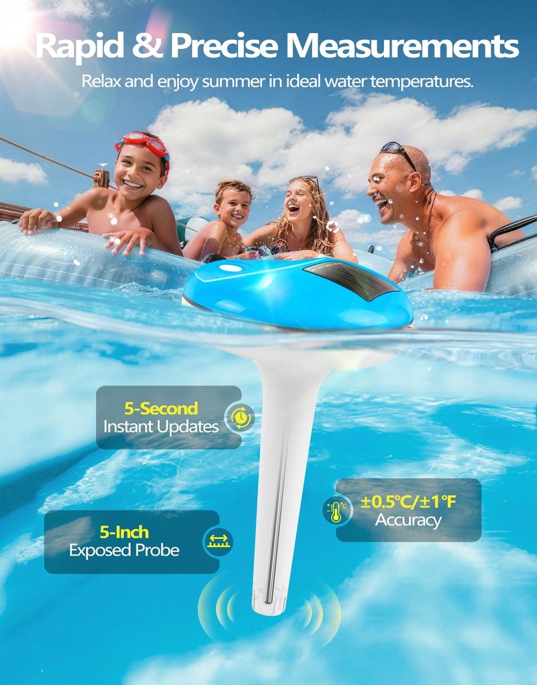 LuxBlue Floating Pool Thermometer Solar Powered | Large Compact, Light Blue