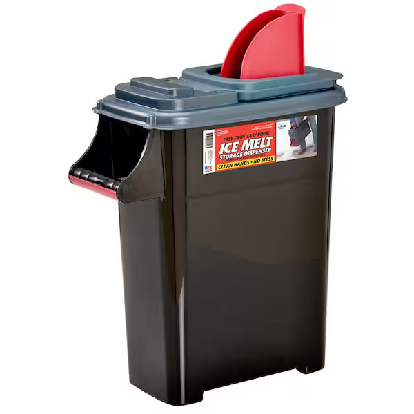 Ice Melt Dispenser 4 Gal Ergonomic Carrying Handle Dual-Action Stackable Lid