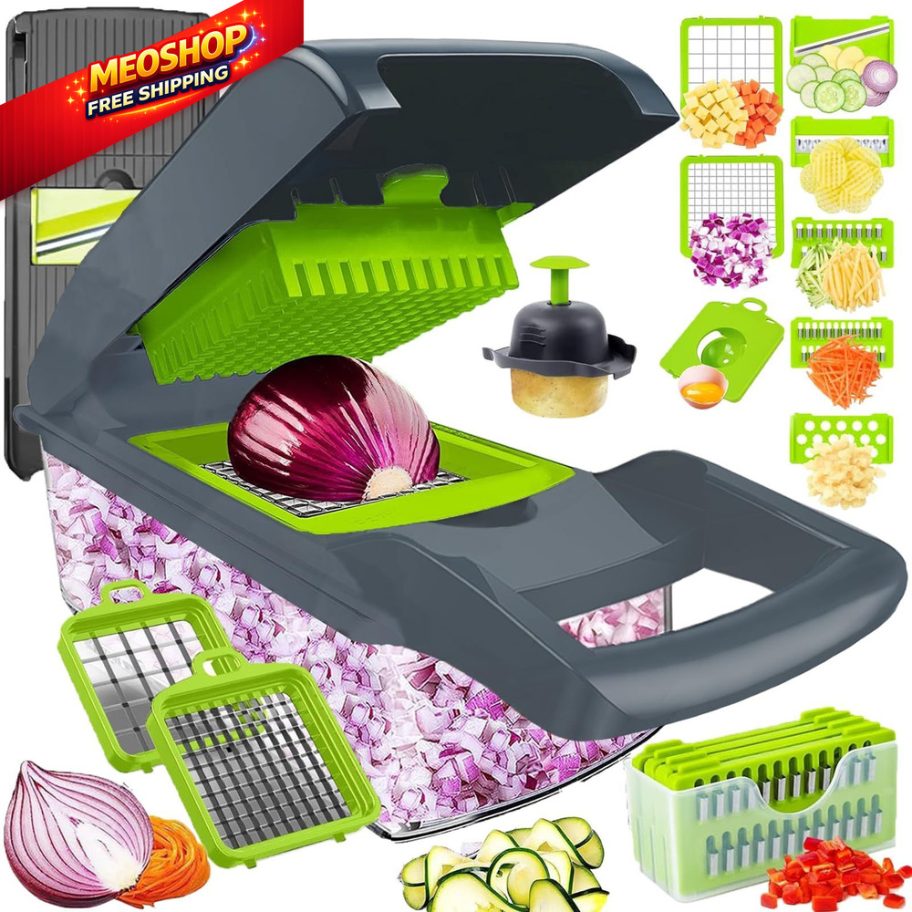 Vegetable Chopper Dicer with Container | Cheese Grater 8 Blades, Gray