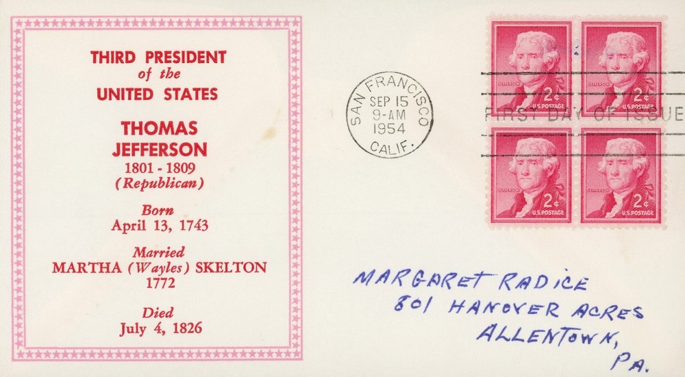 US 1033 Block FDC Thomas Jefferson Von Ohlen