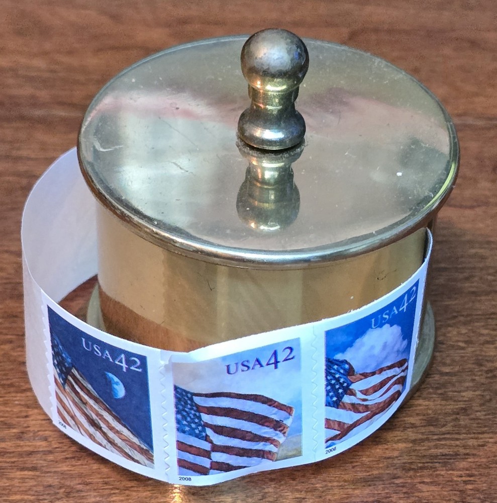 Initial JMS Stamp Brass Dispenser With American Flag $.44 Postage Roll & Holder