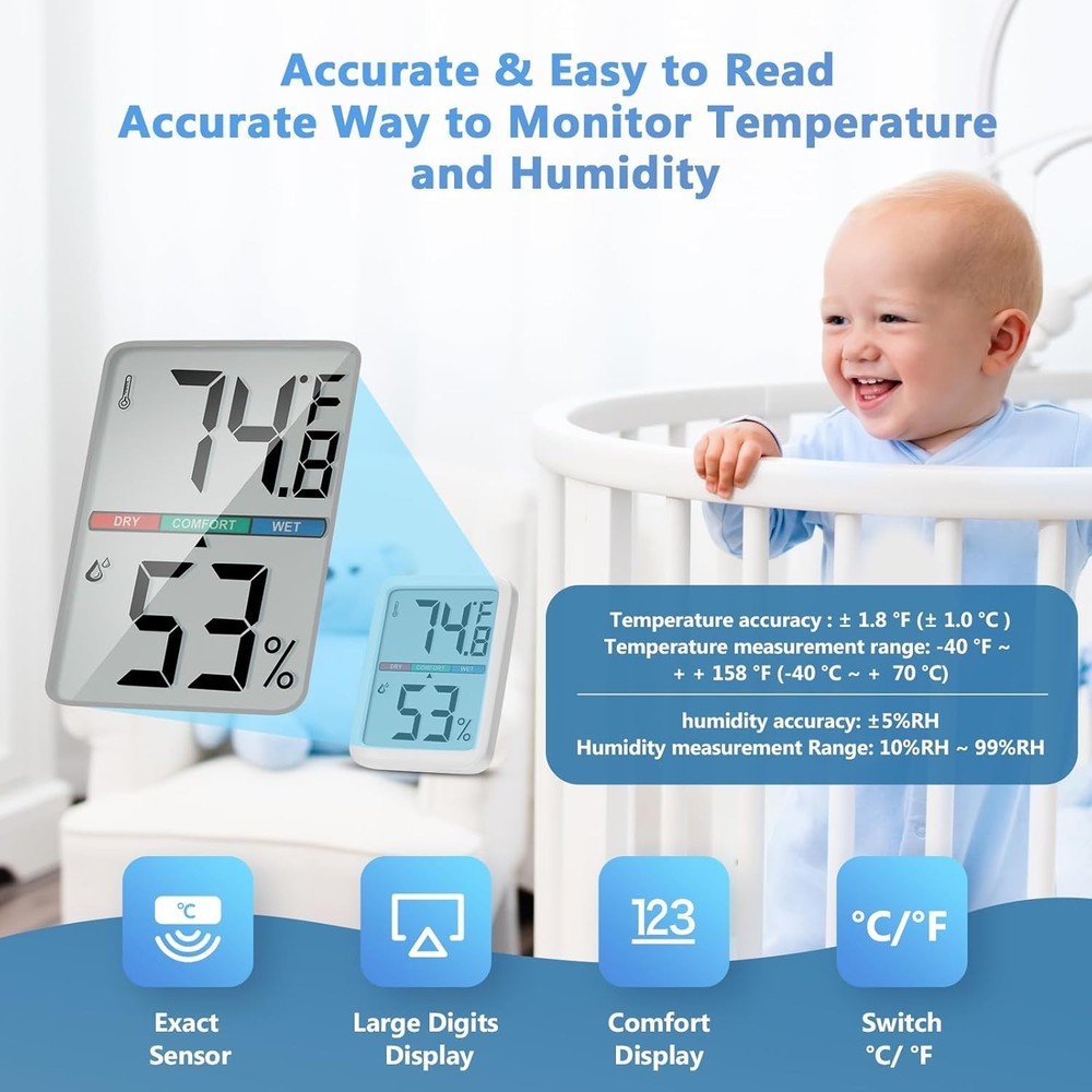 Precision Digital Thermometer & Hygrometer with Large LCD & Multiple Mounting...