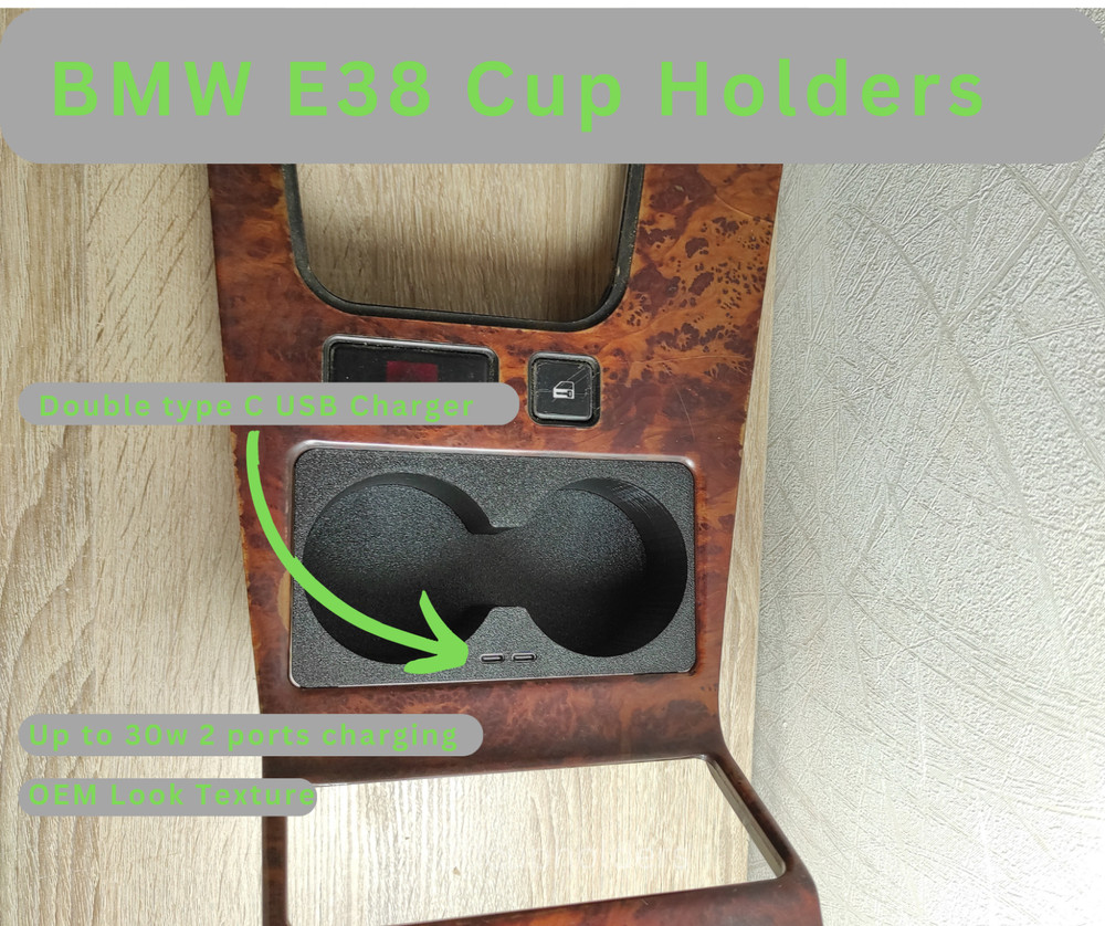 BMW E38 Cup Holders with Double USB-C Charger