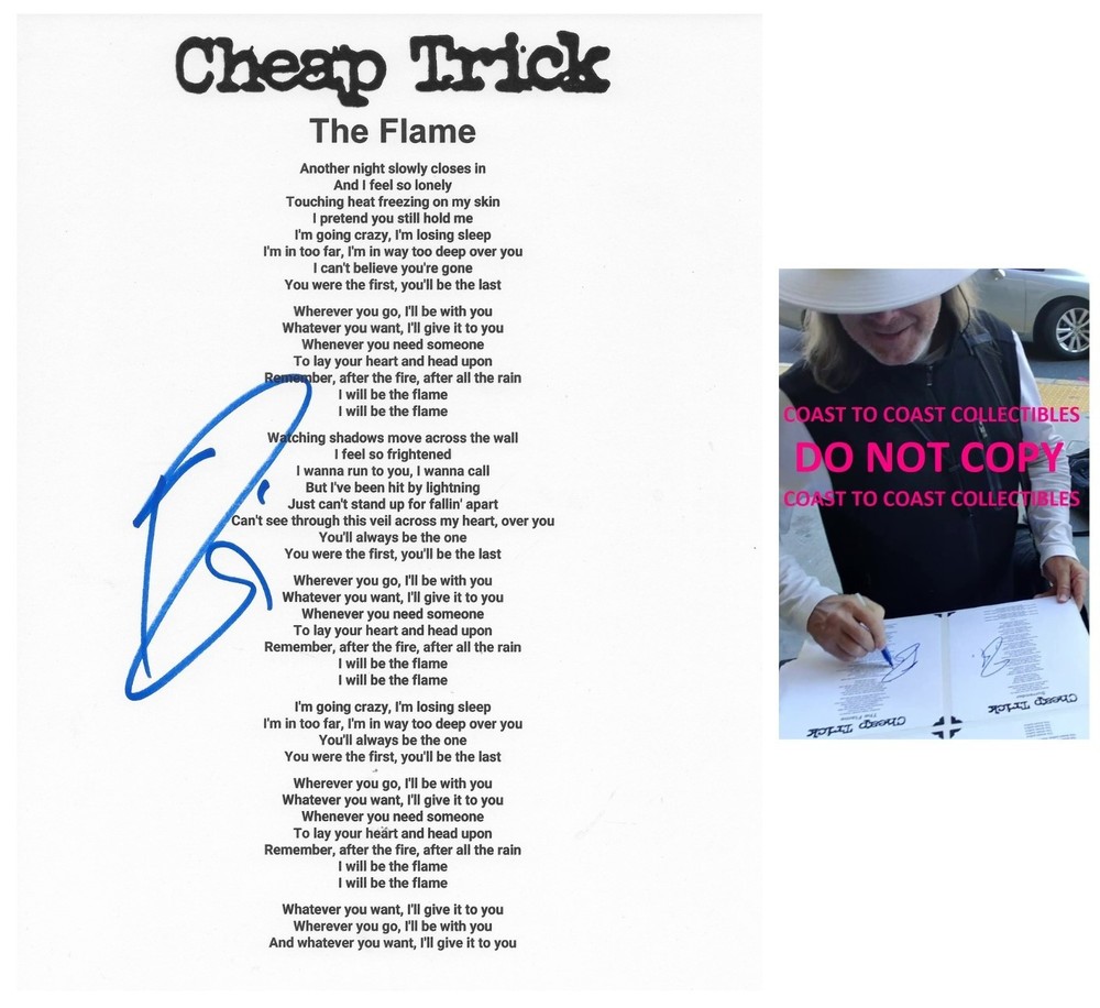 Robin Zander Signed Cheap Trick The Flame Lyrics Sheet COA Proof Autographed