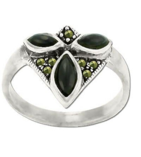 Sterling Silver Genuine Marcasite And Triple Stone Ring