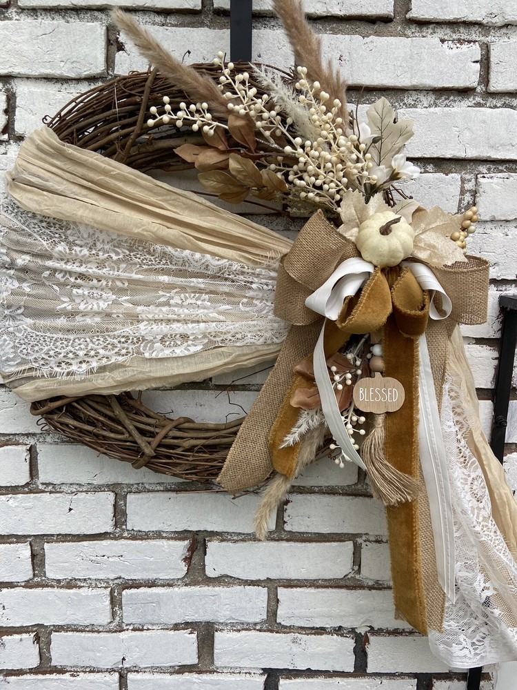 Fall Wreath Front Door - Neutral Thankful - Light Up