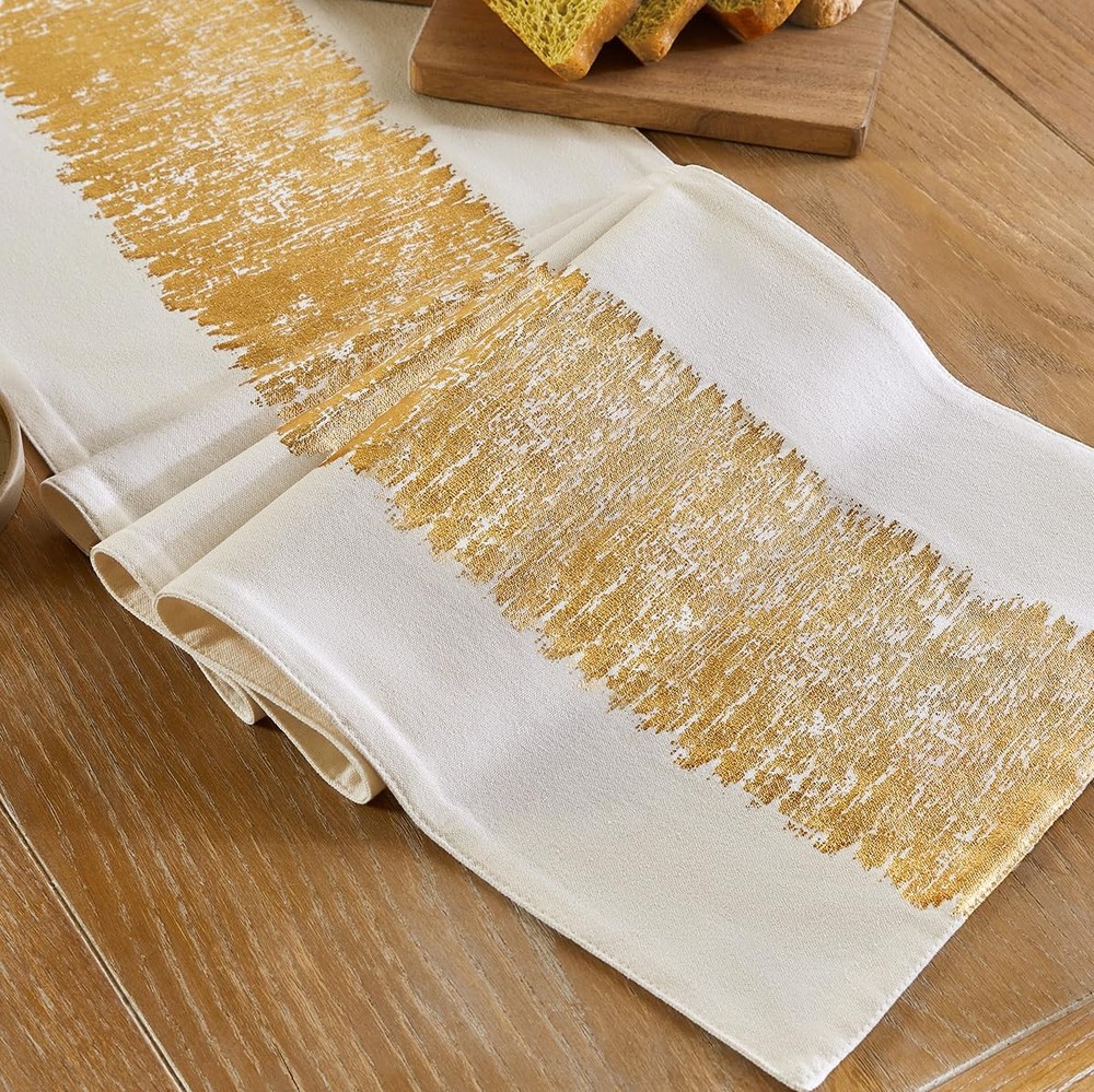 Metallic Style Fall Table Runner Cotton and Linen Christmas Gold Table Runner...
