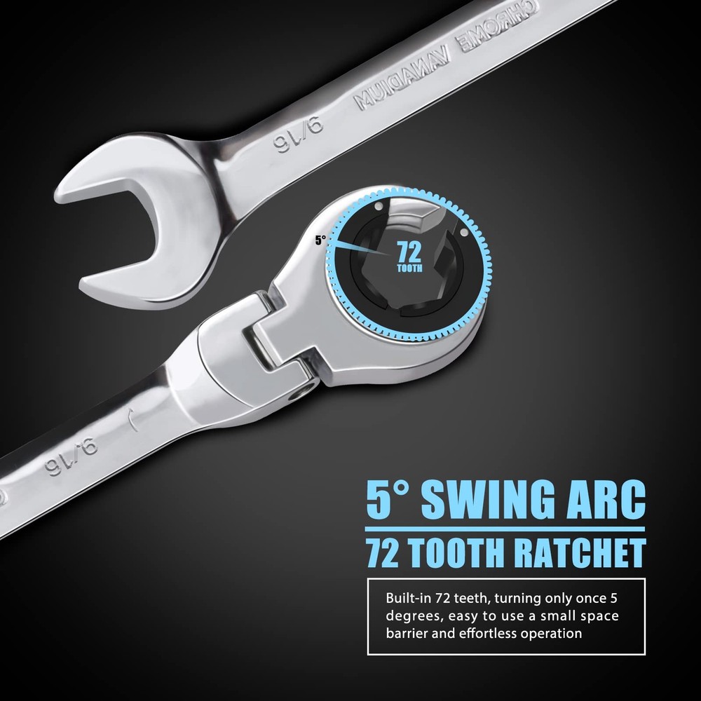 1 PC 9/16 Open FlexHead Ratcheting Wrench SAE Spanner 72 Teeth Chrome