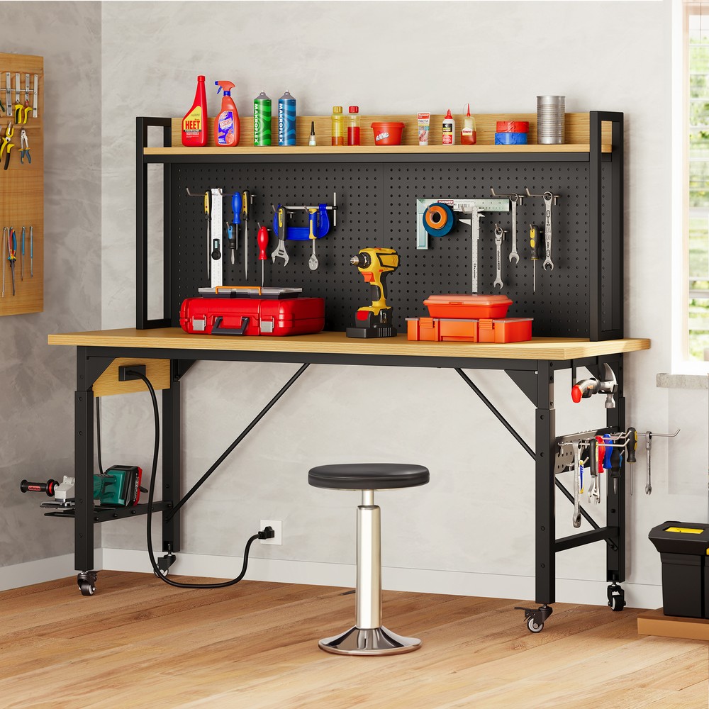 59" L Heavy-Duty Adjustable Workbench with Pegboard & Power Outlets Work Bench