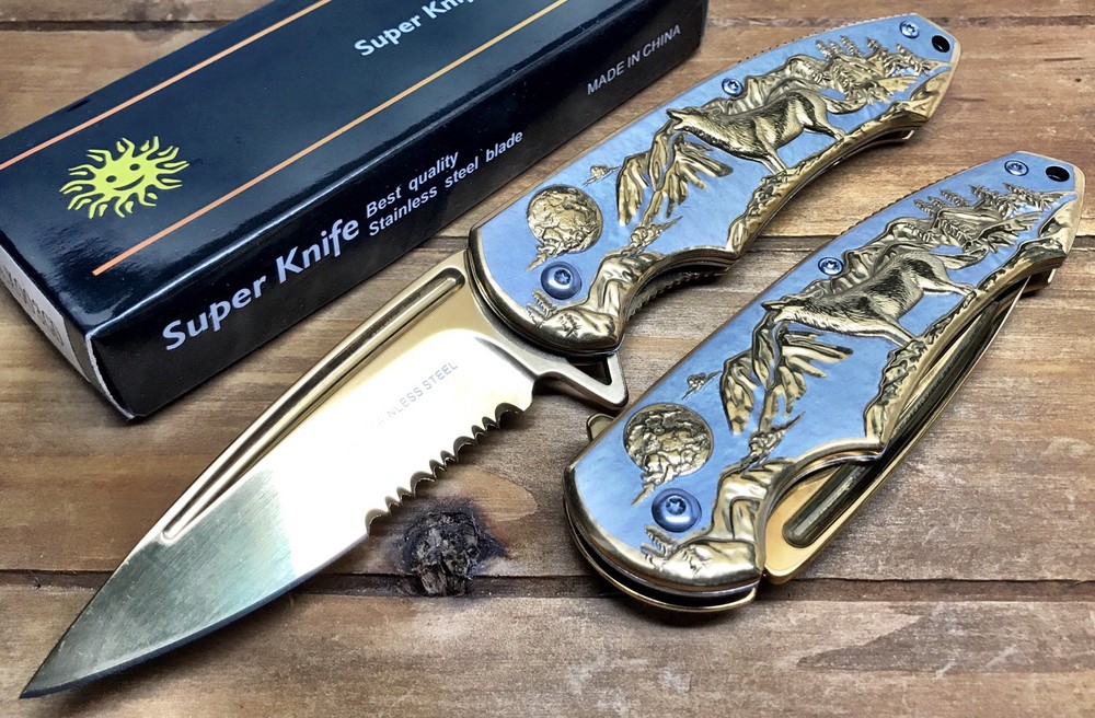 8" Knife Spring Assisted Pocket Open Folding Tactical Alum Handle WOLF Gold