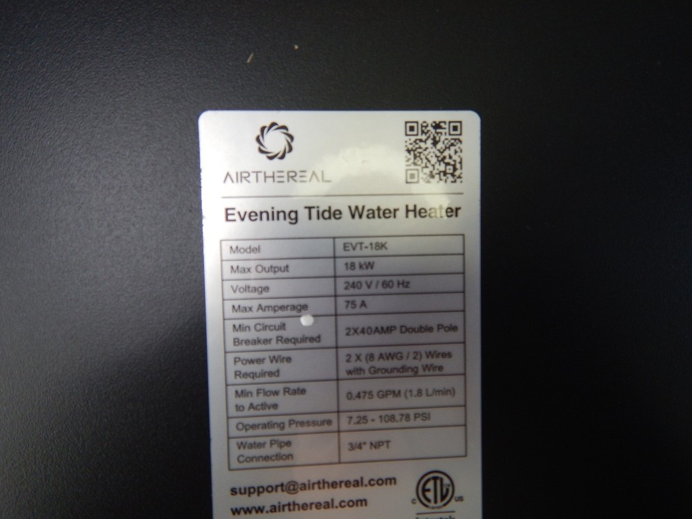 Airthereal EVT-18K - Self Modulates Electric Tankless Water Heater