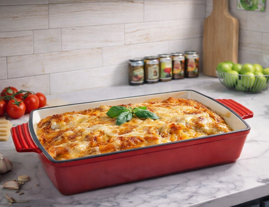 Enameled Cast Iron Roasting Pan Baking Dish – Oven Safe, Nonstick, Red
