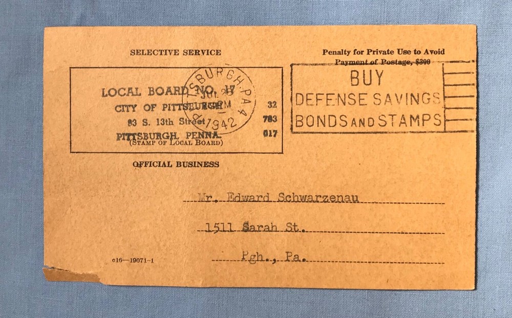 WWII Original Documents Pittsburgh PA Local Board #17 Classification Induction