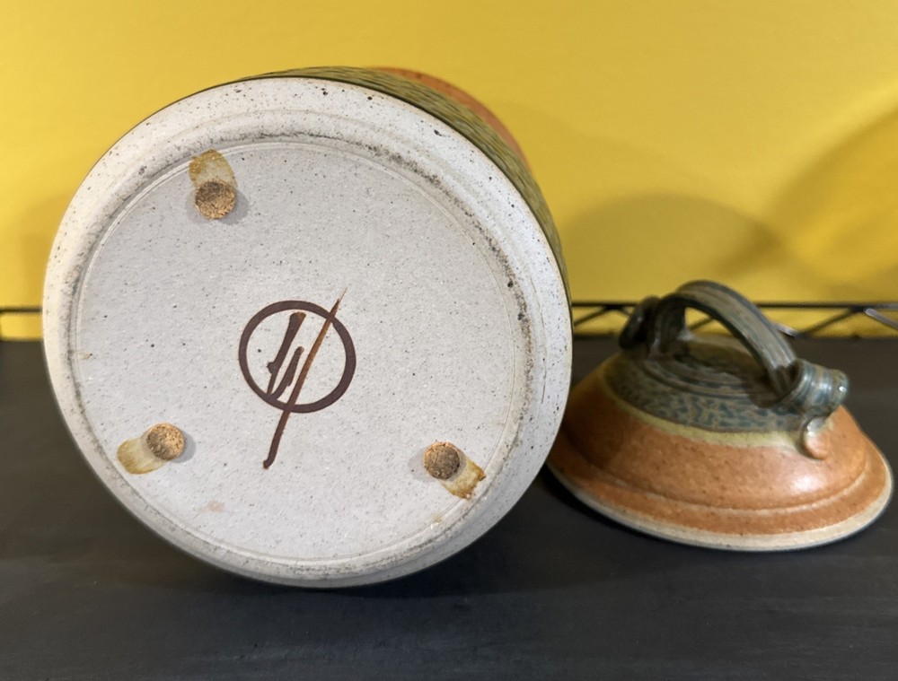 Royce Yoder Pottery Handmade Stoneware Canister – Tree Design, Green & Tan