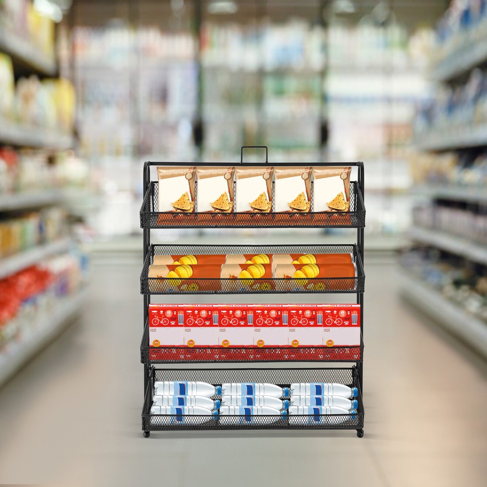 4-Tier Iron Display Rack for Retail Snacks and Candy Organization, Black