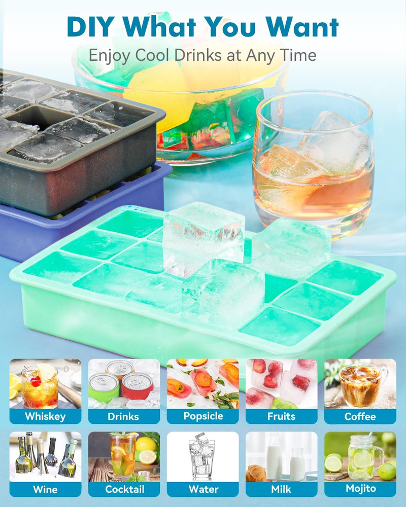 Silicone Ice Cube Trays for Freezer 2 Pack, Easy Release Square Ice Cubes Mold,