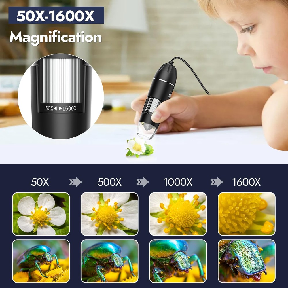Digital Microscope, 50X-1600X Magnification Portable USB Microscope with Adju...