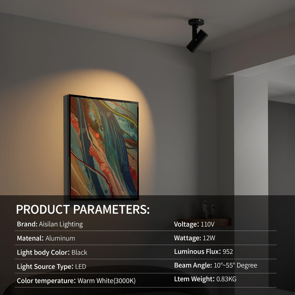 Aisilan 12W LED Zoomable Ceiling Spotlight, Dimmable Surface Mount Adjustable...