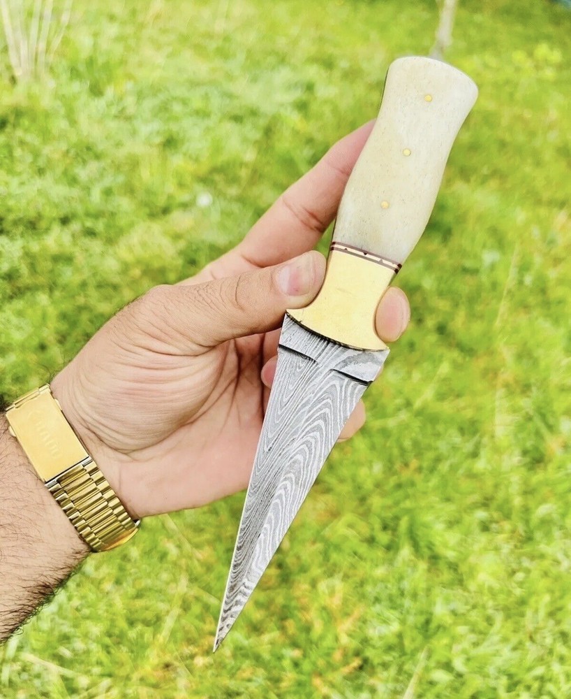 Forged Damascus hunting fixed blade boot knife Double edged Camel Bone Handle