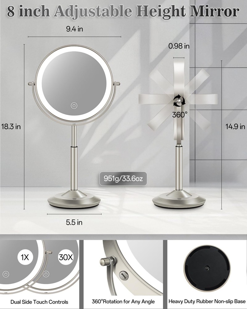Makeup Mirror with Lights, 1X/30X Lighted Magnifying Mirror Height Adjustable...