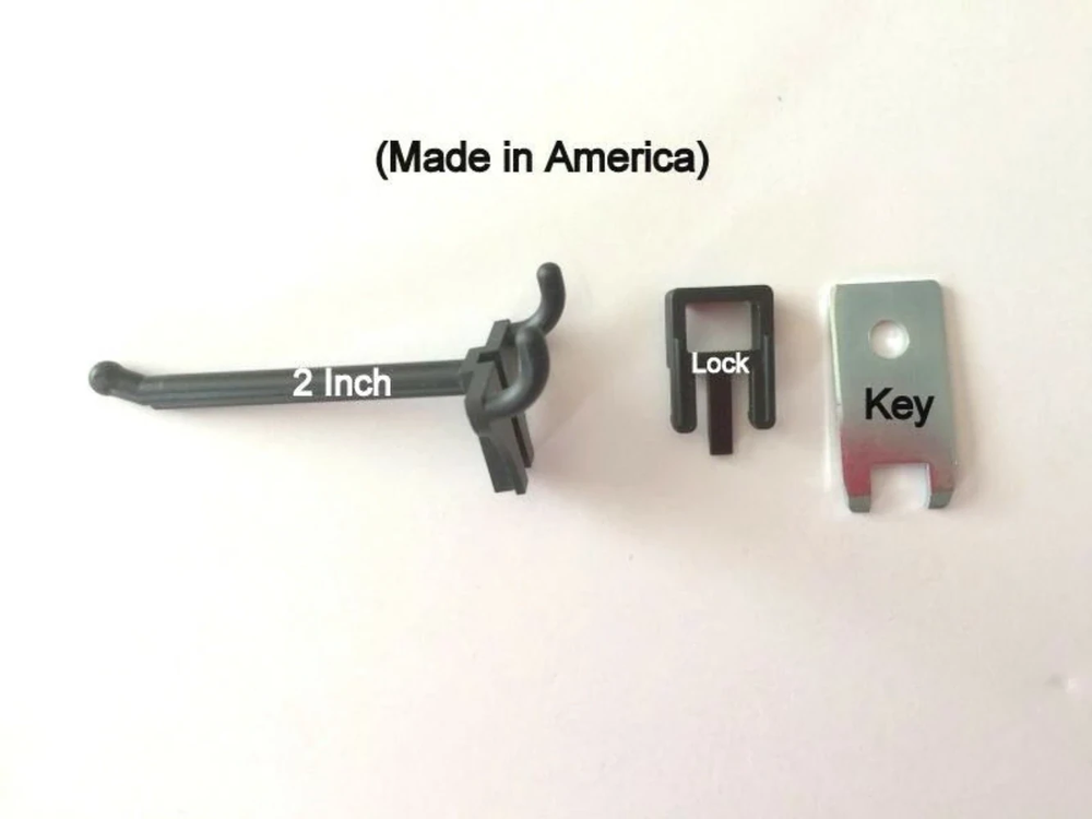 (500 PACK) 2 Inch Locking Black Plastic Pegboard Peg Hooks (500 Locks, 20 Keys)