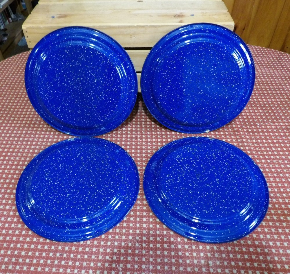 28 Piece Set of Enamelware/Graniteware Blue Speckled Camping Dinnerware.